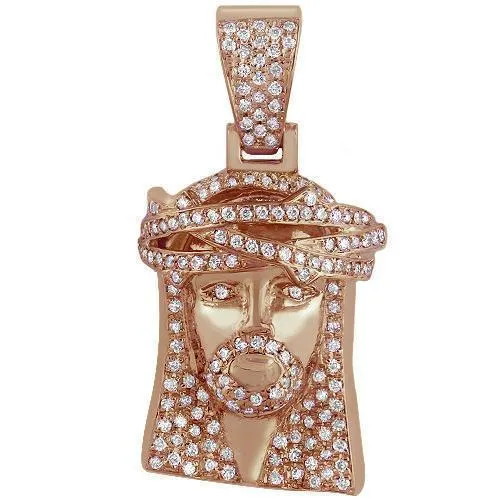 10K Solid Rose Gold Mens Jesus Head Pendant With Round Cut Diamonds 1.03 Ctw