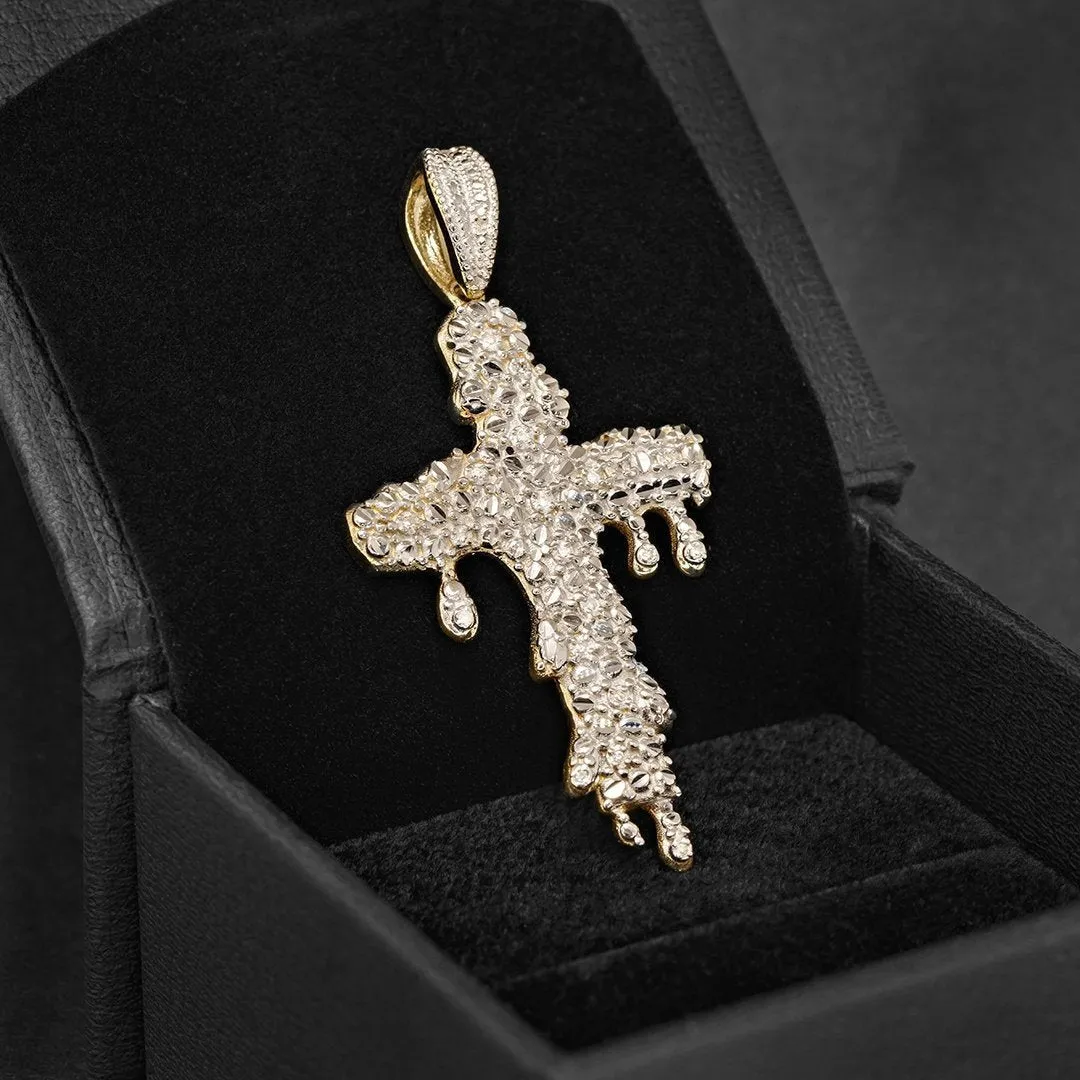 10k Yellow Gold Diamond Drip Cross Pendant 0.15 Ctw