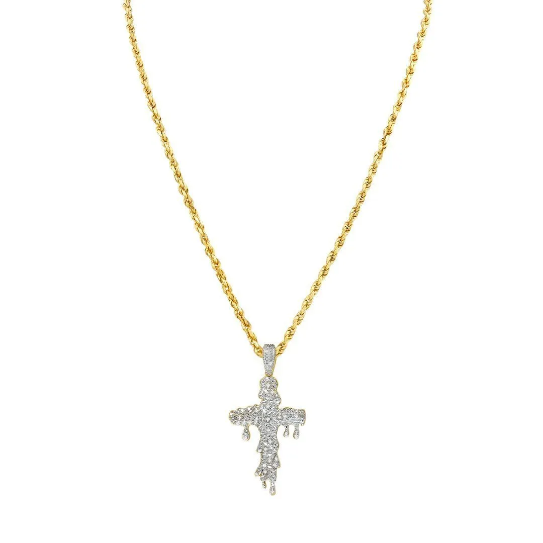 10k Yellow Gold Diamond Drip Cross Pendant 0.15 Ctw