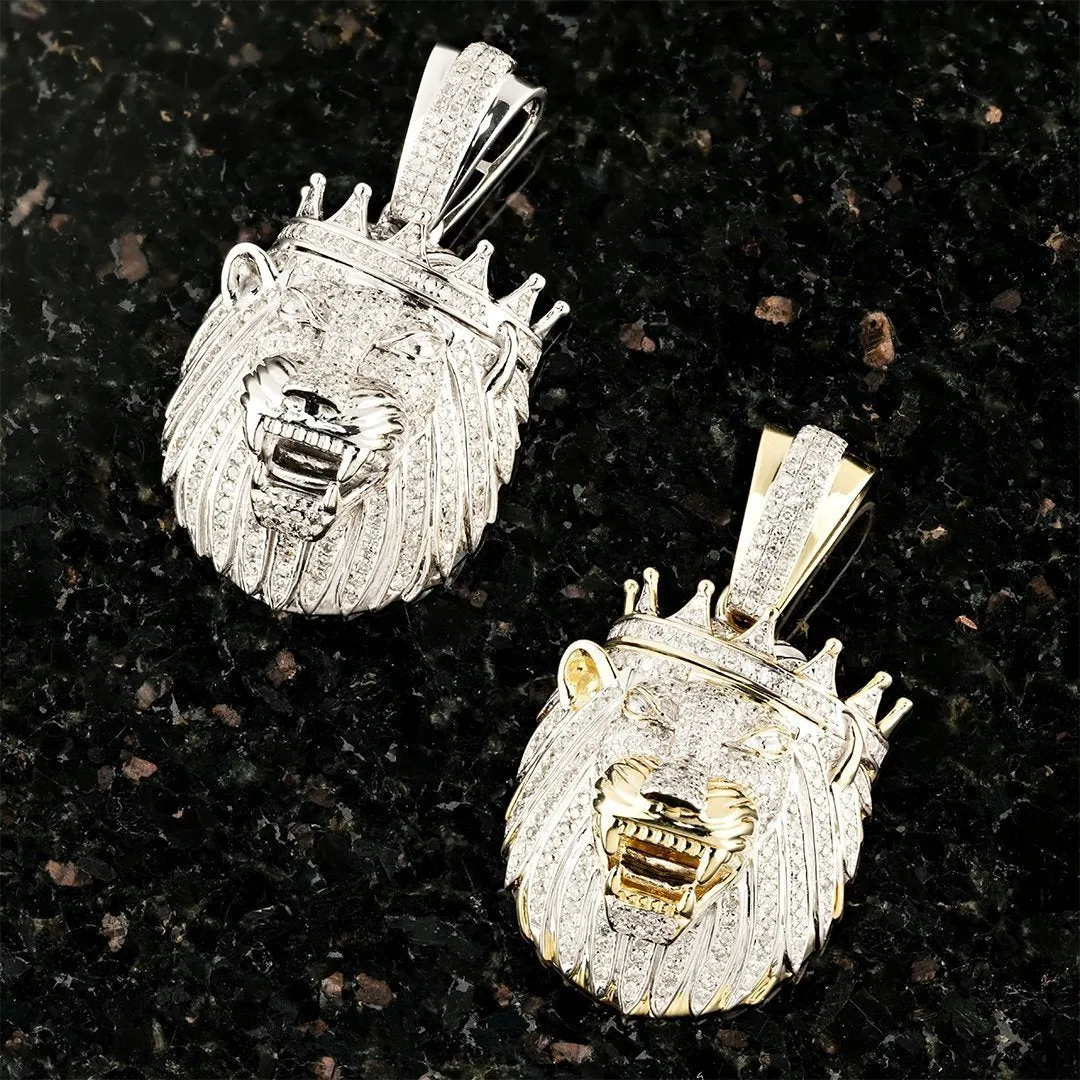 10k Yellow Gold Diamond Lion Head with Crown Pendant 1 Ctw