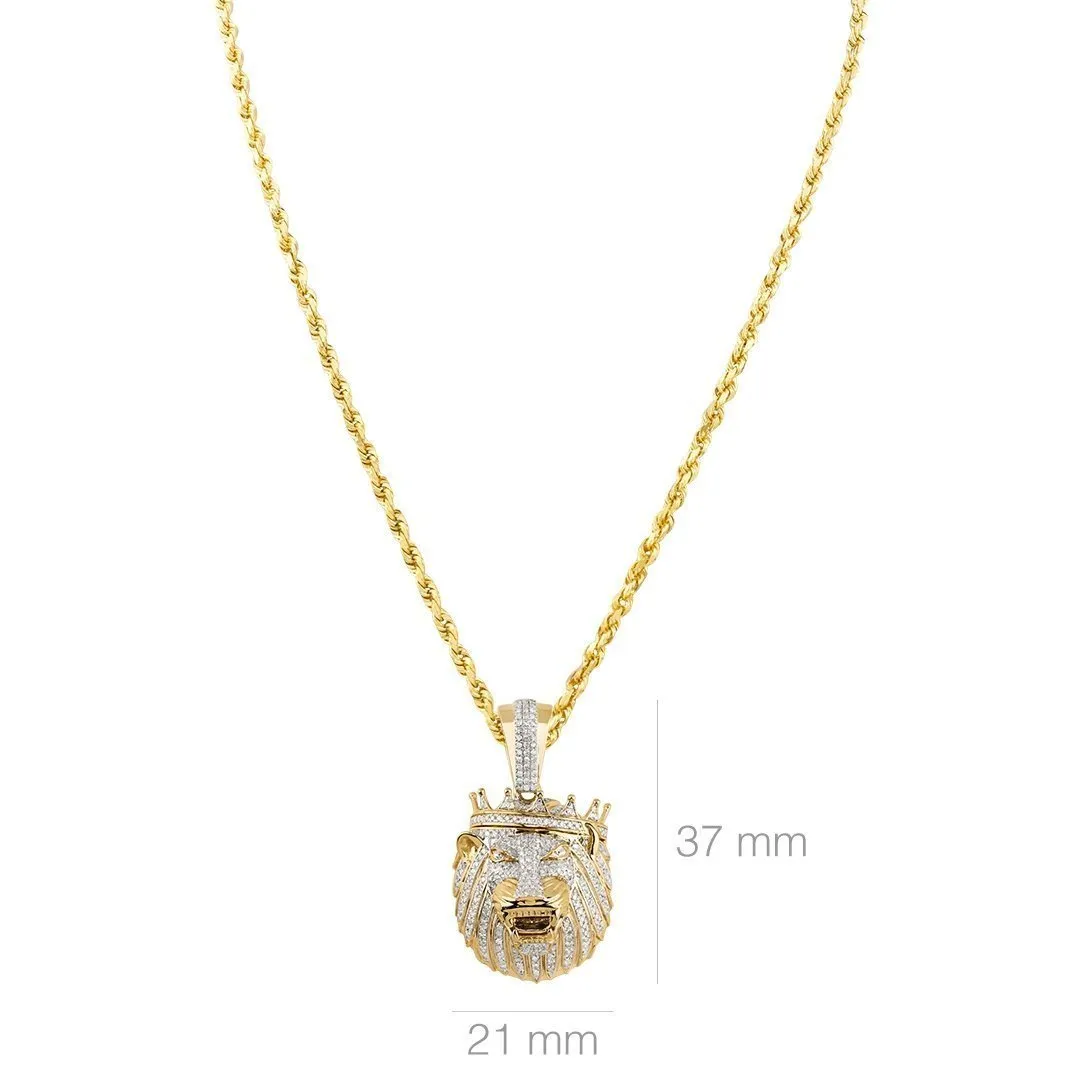 10k Yellow Gold Diamond Lion Head with Crown Pendant 1 Ctw