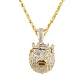 10k Yellow Gold Diamond Lion Head with Crown Pendant 1 Ctw