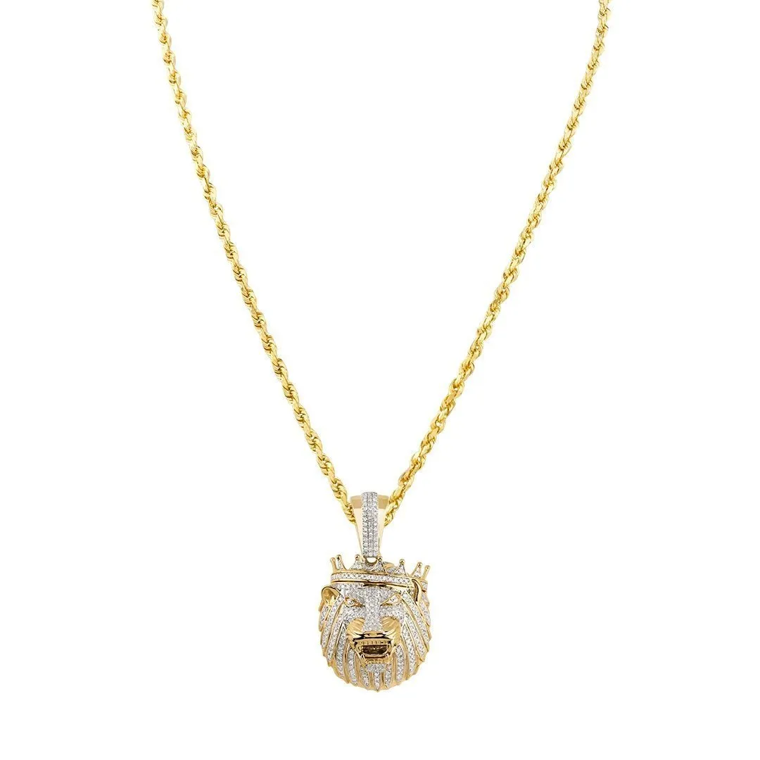 10k Yellow Gold Diamond Lion Head with Crown Pendant 1 Ctw