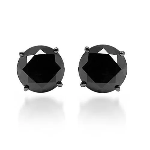 14K Solid Gold Black Rhodium Plated Black Diamond Solitaire Stud Earrings 3.31 Ctw