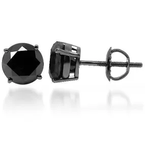 14K Solid Gold Black Rhodium Plated Black Diamond Solitaire Stud Earrings 3.31 Ctw