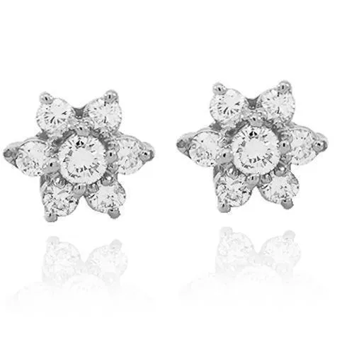 14K Solid White Gold Diamond Cluster Stud Earrings 1.00 Ctw