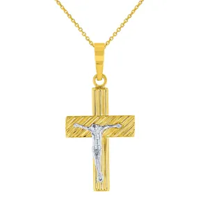 14K Two-Tone Gold Textured Cross Crucifix with Jesus Christ Pendant Necklace