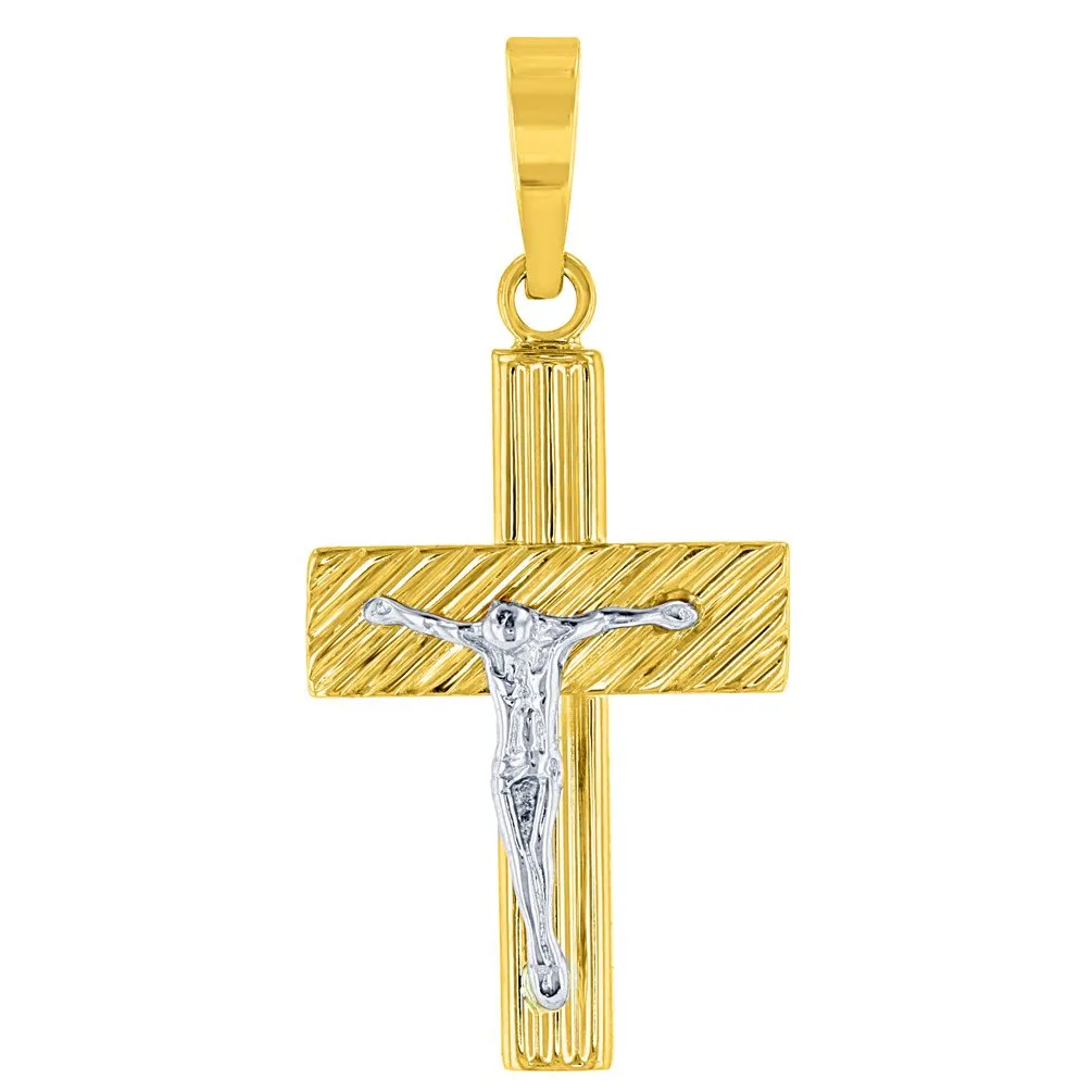 14K Two-Tone Gold Textured Cross Crucifix with Jesus Christ Pendant Necklace