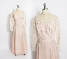 1960s Dress Nude Chiffon Lace Illusion Maxi GownMedium