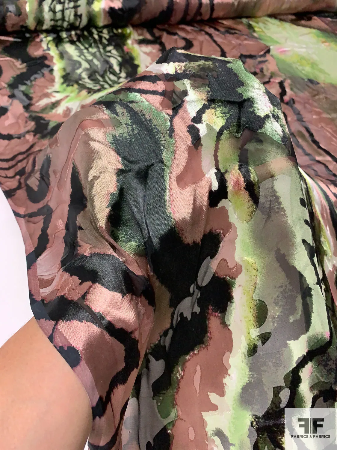 Abstract Printed Burnout Polyester Chiffon - Green / Brown / Pink