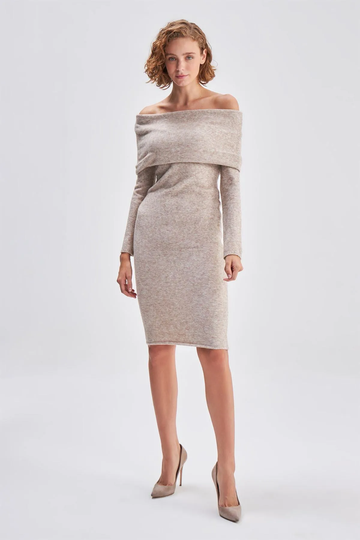 Bardot Collar Beige Midi Knit Dress