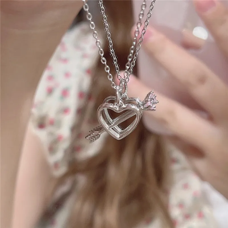 BerriesJam - 2024 Pink Crystal Heart Pendant Silver Color Chain Necklace