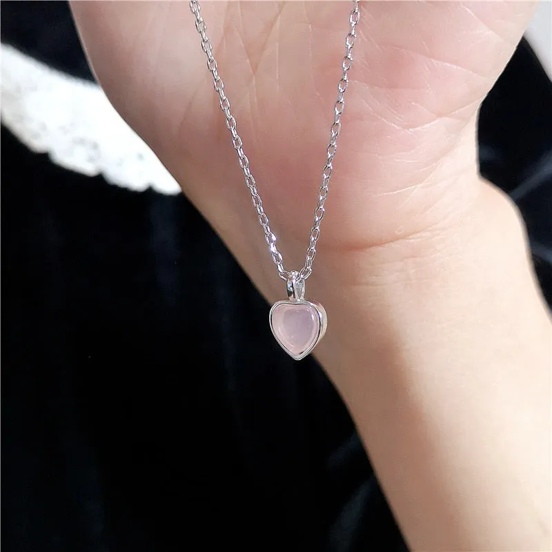 BerriesJam - 2024 Pink Crystal Heart Pendant Silver Color Chain Necklace