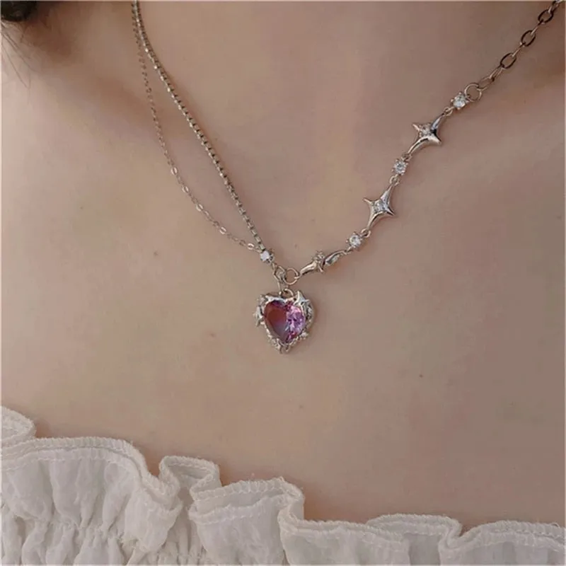 BerriesJam - 2024 Pink Crystal Heart Pendant Silver Color Chain Necklace