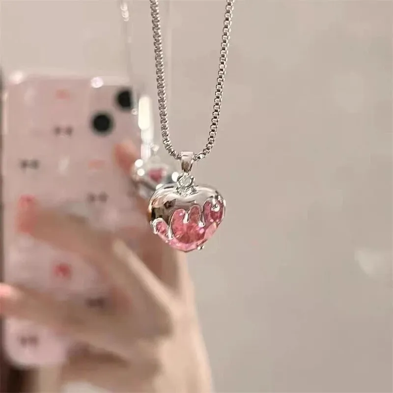 BerriesJam - 2024 Pink Crystal Heart Pendant Silver Color Chain Necklace