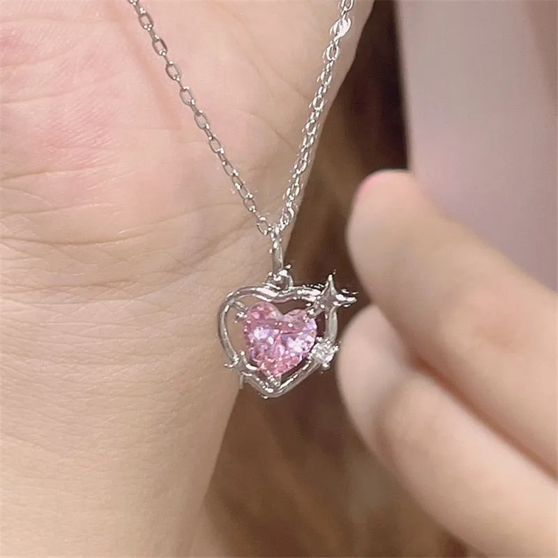 BerriesJam - 2024 Pink Crystal Heart Pendant Silver Color Chain Necklace