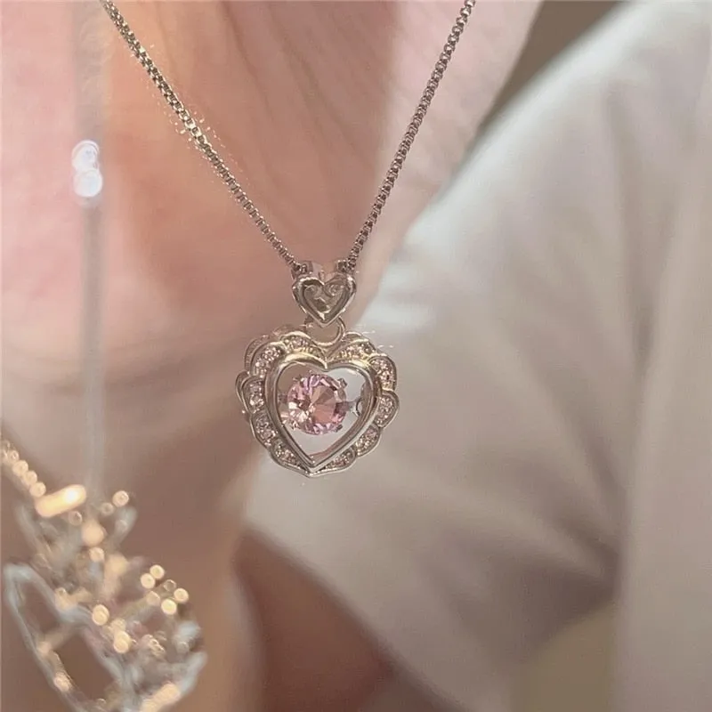 BerriesJam - 2024 Pink Crystal Heart Pendant Silver Color Chain Necklace