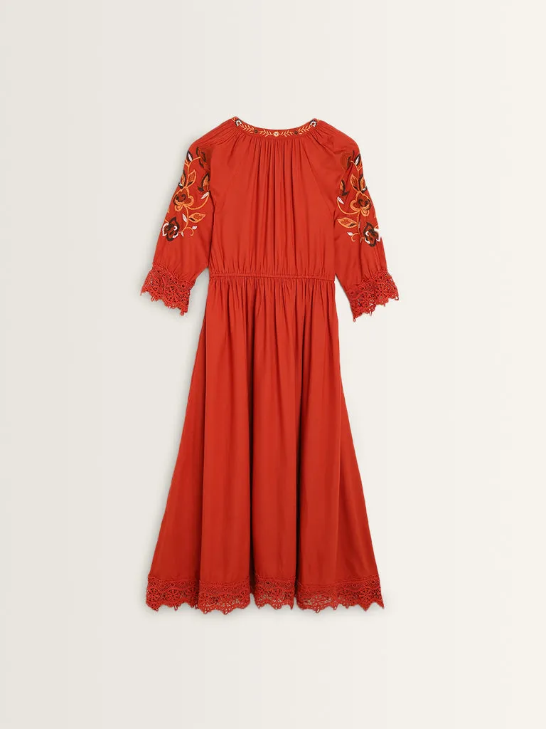 Bombay Paisley Rust Embroidered A-Line Dress