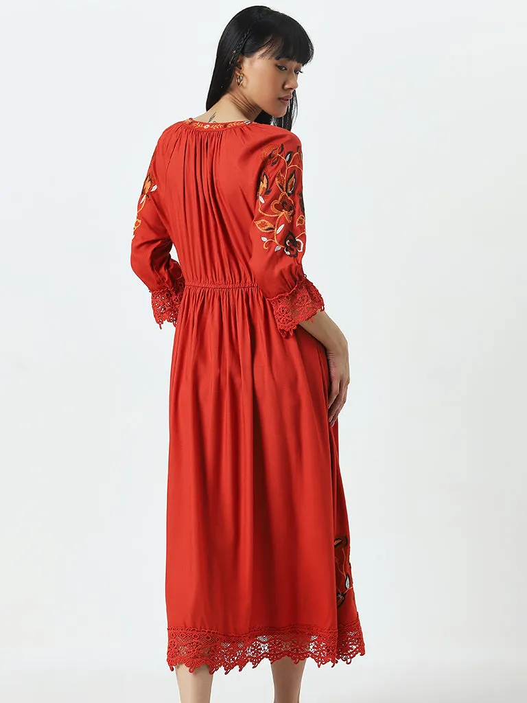 Bombay Paisley Rust Embroidered A-Line Dress