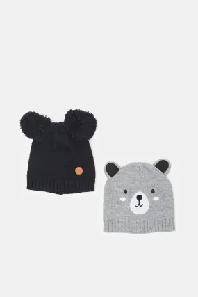 Boys Black And Grey Knitted Cap Set (2 Piece)