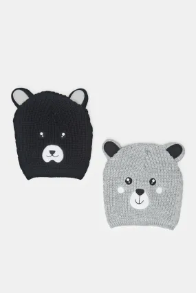 Boys Grey And Black Knitted Cap Set (Pack of 2)