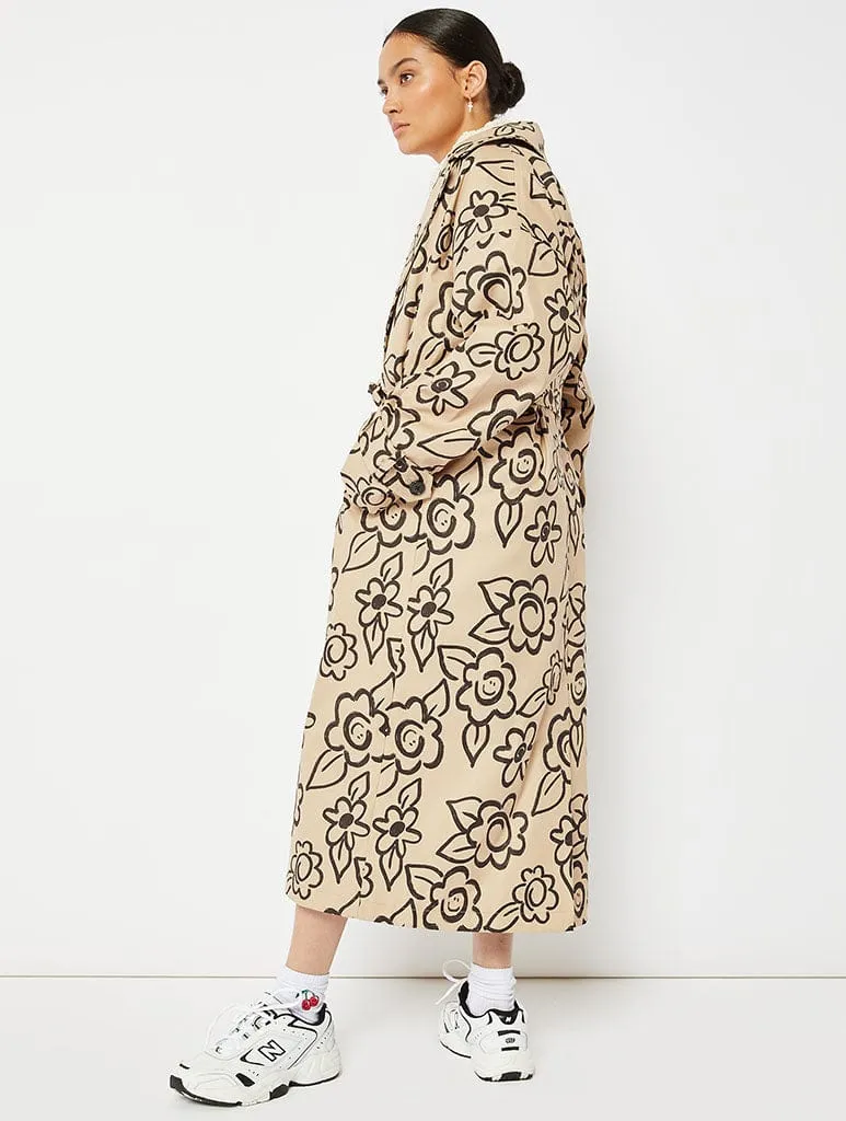 Brown Happy Face Flower Printed Trench Coat