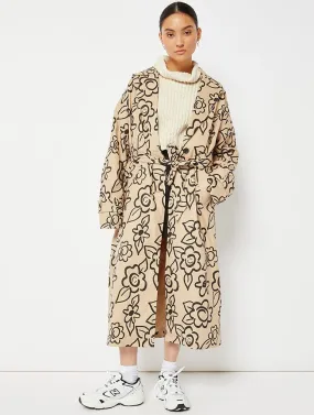 Brown Happy Face Flower Printed Trench Coat