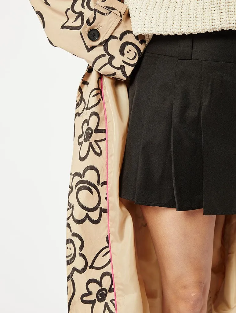 Brown Happy Face Flower Printed Trench Coat