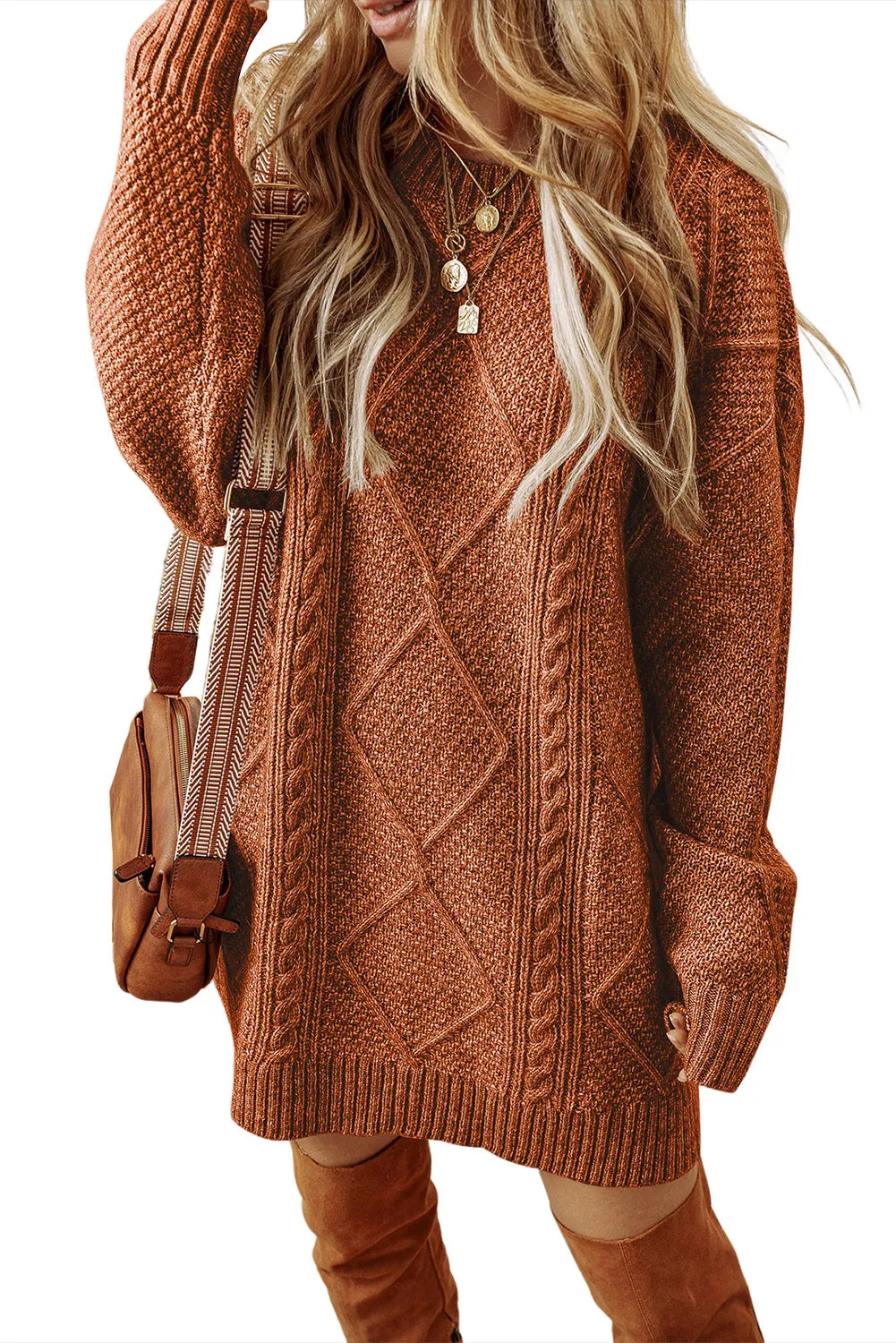 Cable Knit Drop Shoulder Loose Fit Sweater Dress