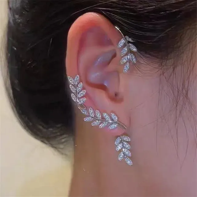 Crystal Leaves Ear Women Fashion Gold Cubic Zirconia Clip Jewelry Earring