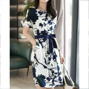 Elegant Blue Printed Dress With Cute Ribbon And Pockets