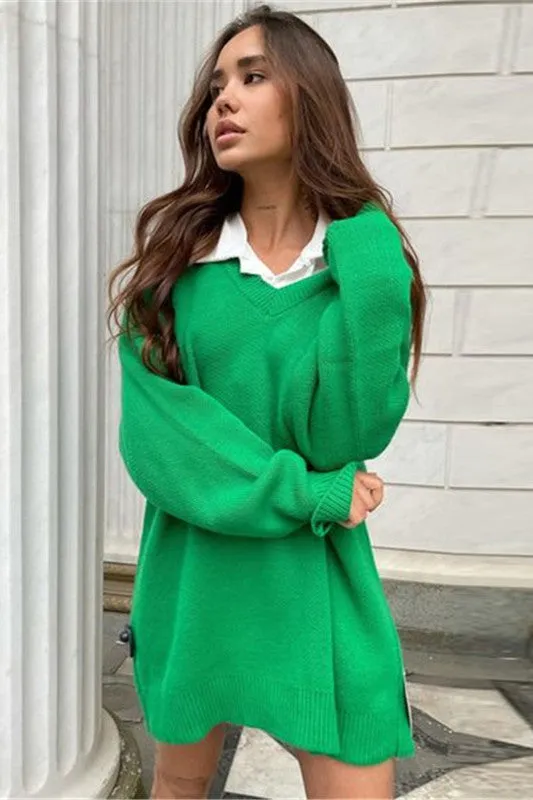 elveswallet Bright Solid Color Loose Knit Sweater Dress