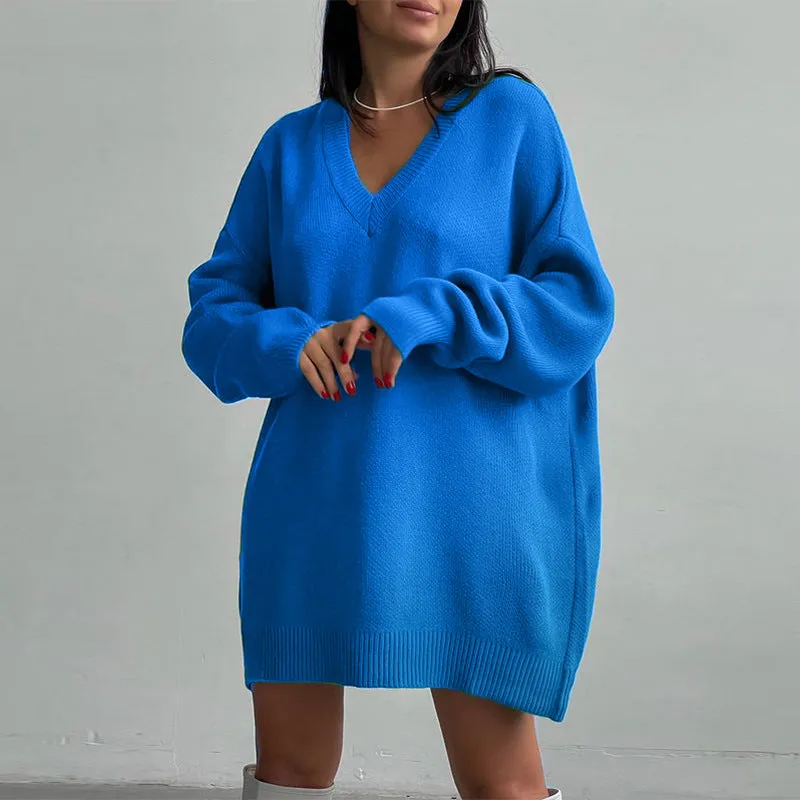 elveswallet Bright Solid Color Loose Knit Sweater Dress