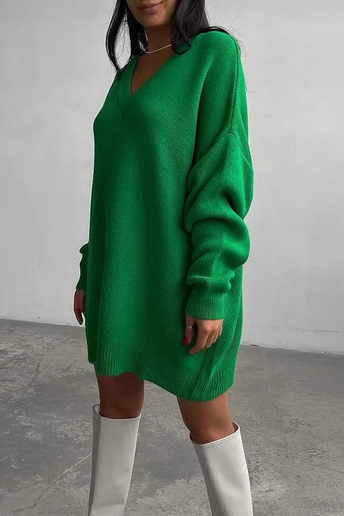 elveswallet Bright Solid Color Loose Knit Sweater Dress