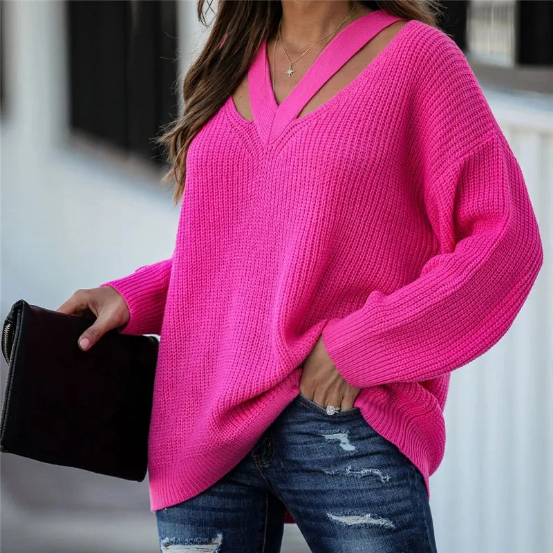 elveswallet Chic V Neck Casual Oversize Pullover