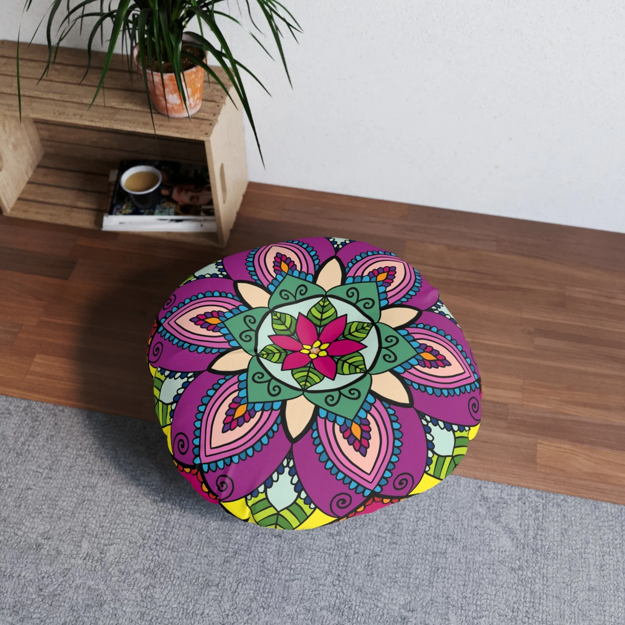 Handmade Mandala Art Floor Cushion - Round Tufted Pillow