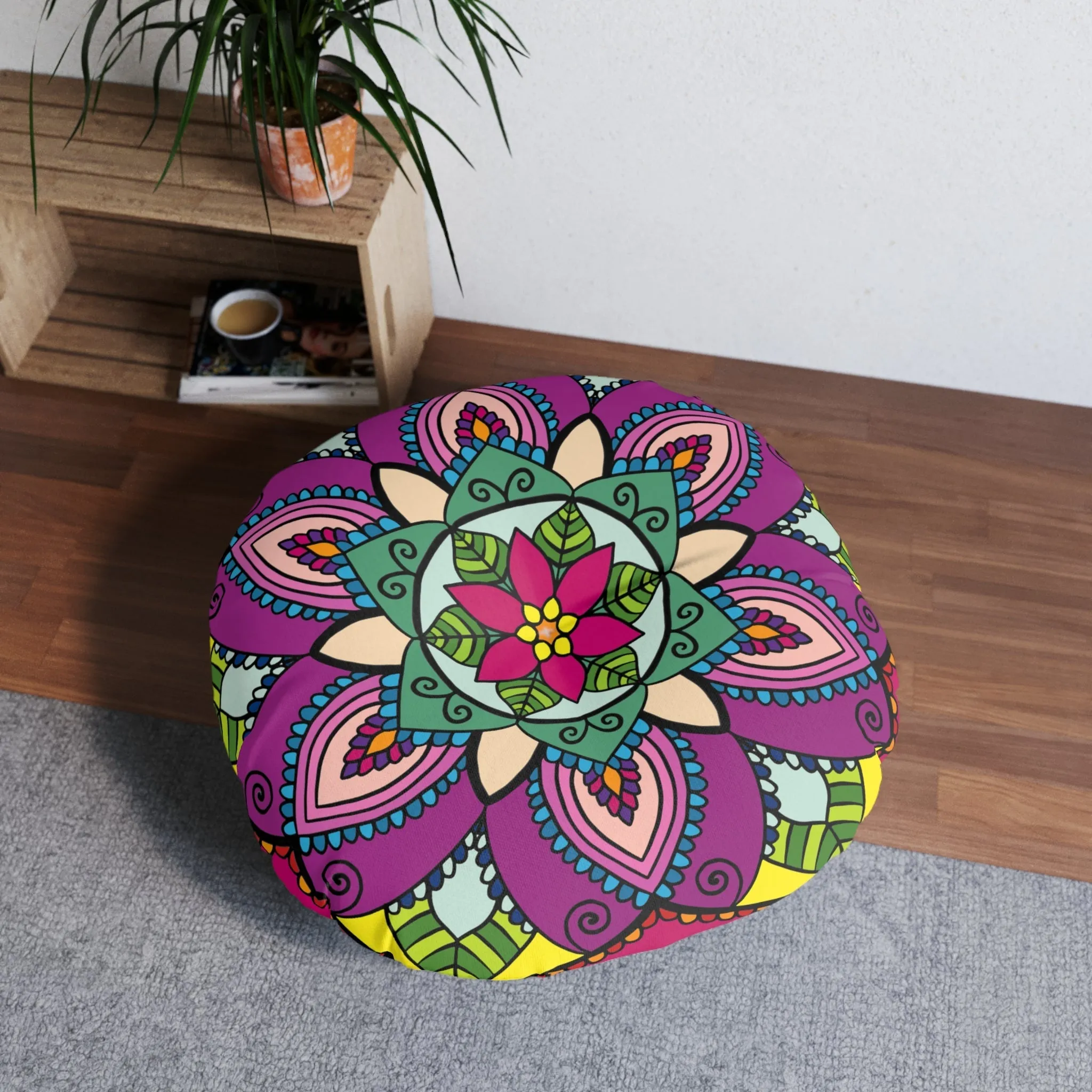 Handmade Mandala Art Floor Cushion - Round Tufted Pillow