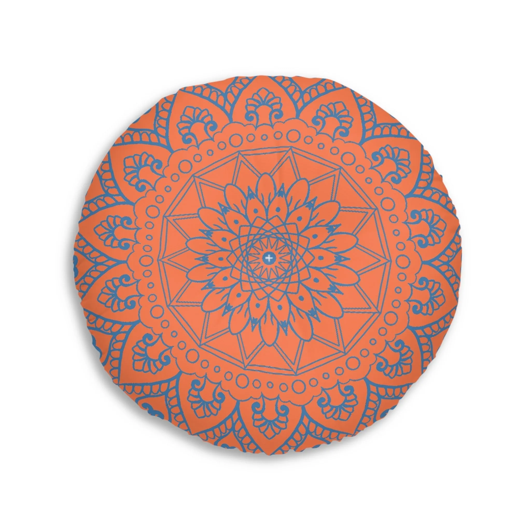 Handmade Mandala Art Floor Cushion - Steel Blue on Coral - Round