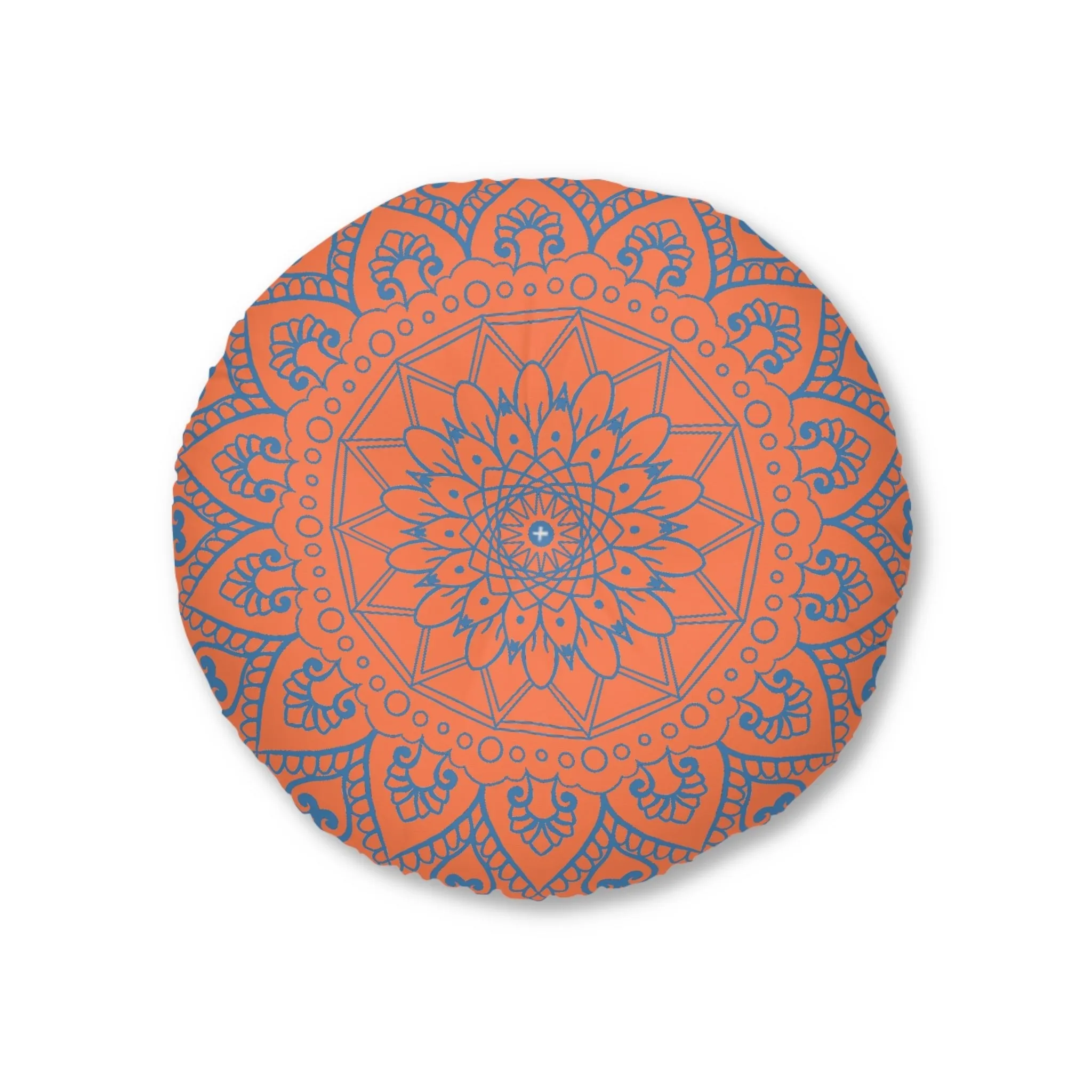 Handmade Mandala Art Floor Cushion - Steel Blue on Coral - Round