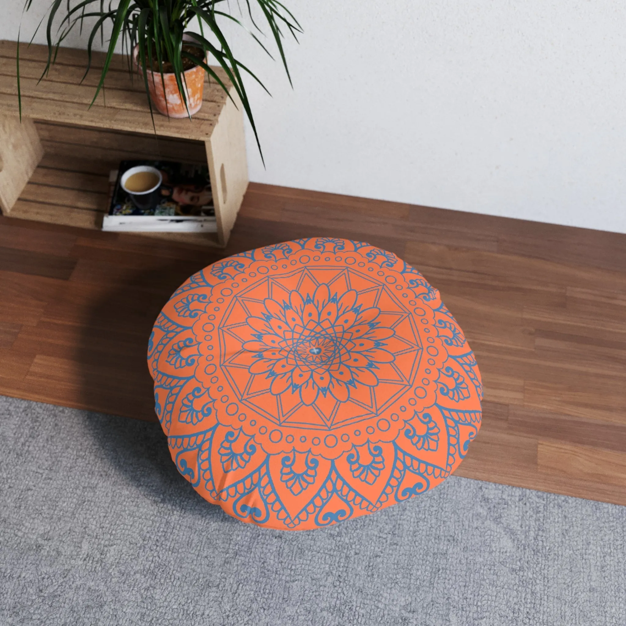 Handmade Mandala Art Floor Cushion - Steel Blue on Coral - Round