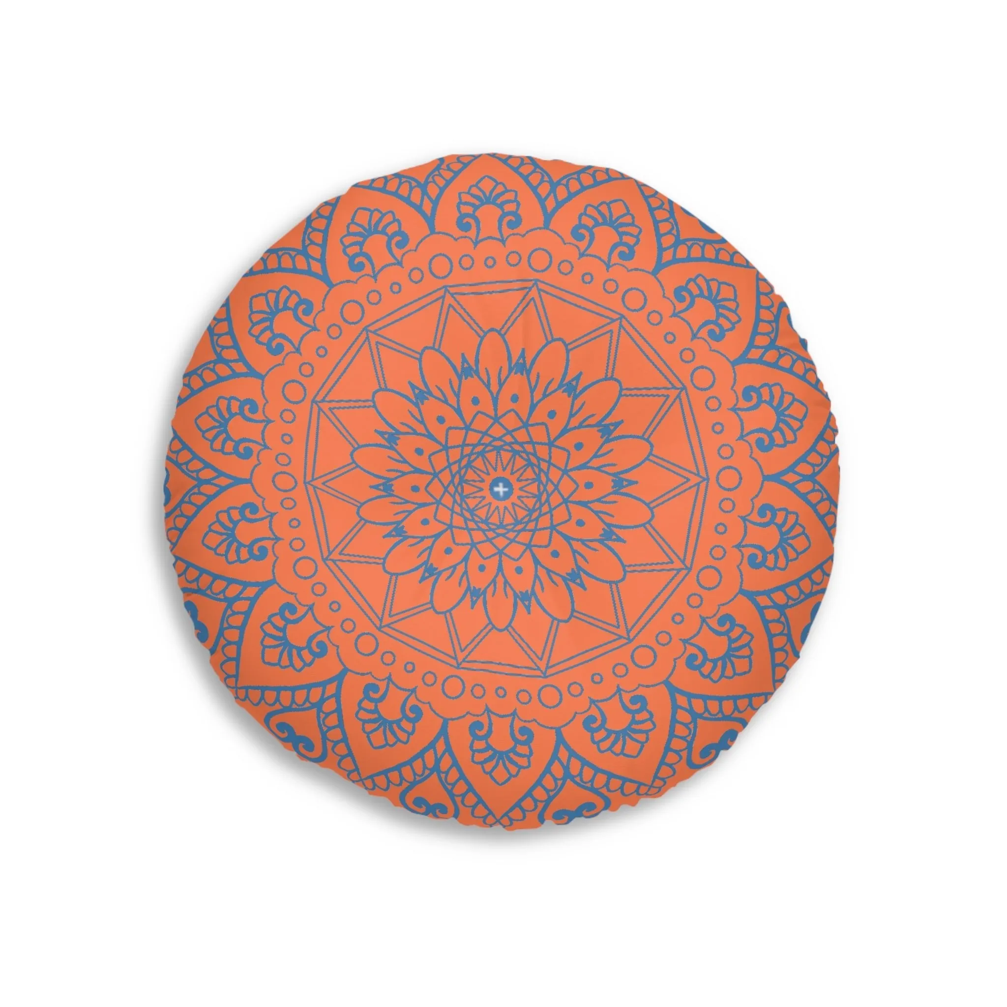 Handmade Mandala Art Floor Cushion - Steel Blue on Coral - Round