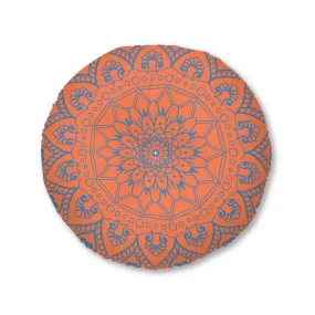 Handmade Mandala Art Floor Cushion - Steel Blue on Coral - Round