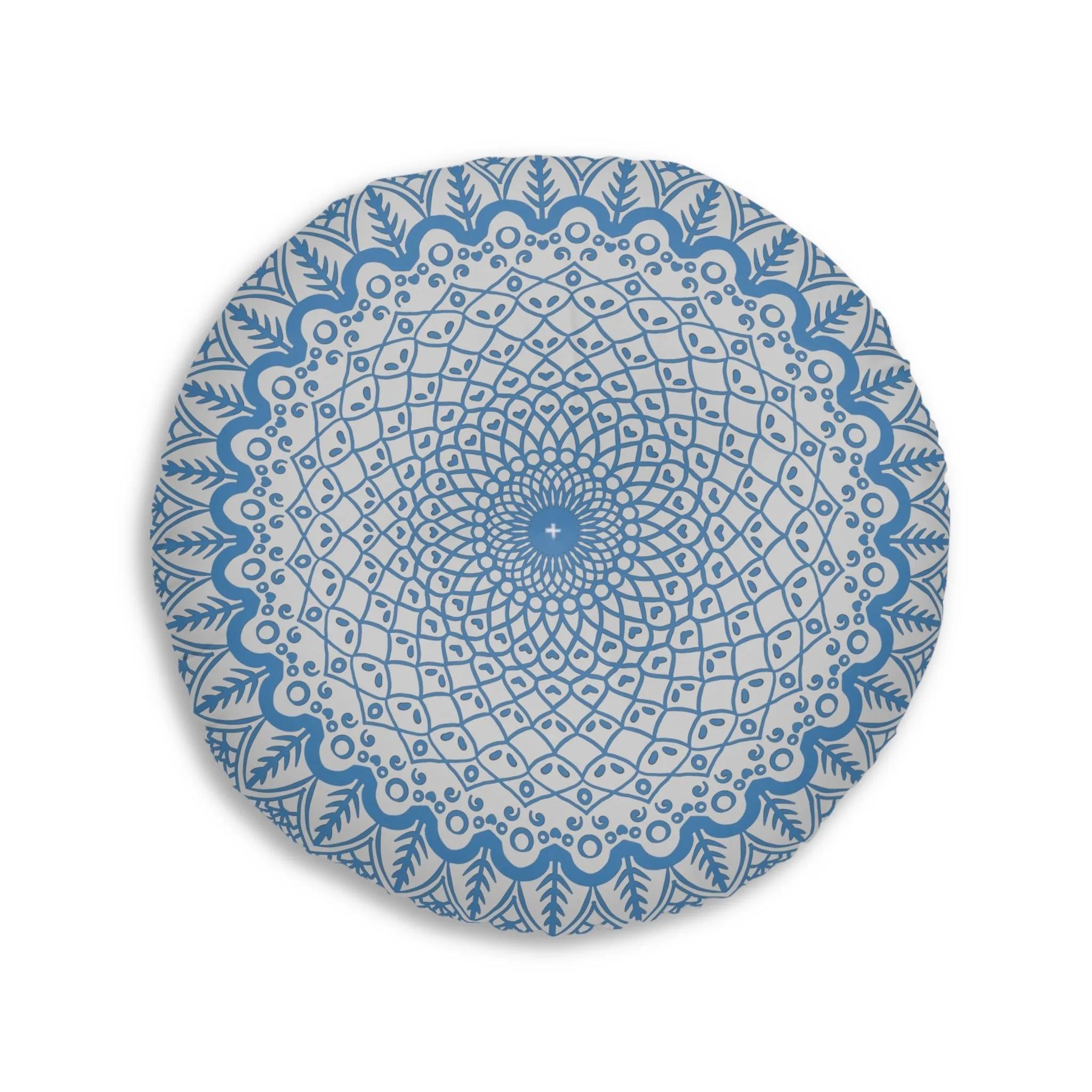 Handmade Mandala Art Floor Cushion - Steel Blue on Light Grey - Tufted