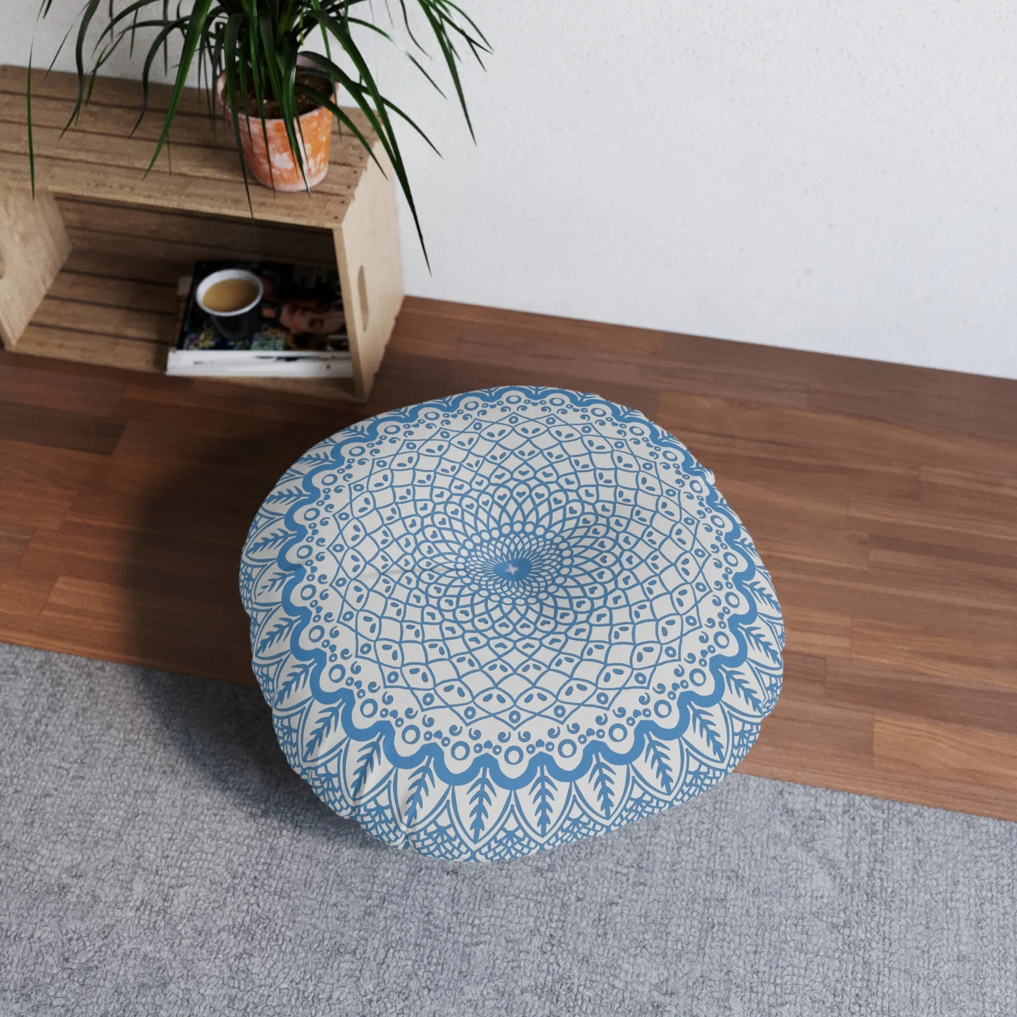 Handmade Mandala Art Floor Cushion - Steel Blue on Light Grey - Tufted