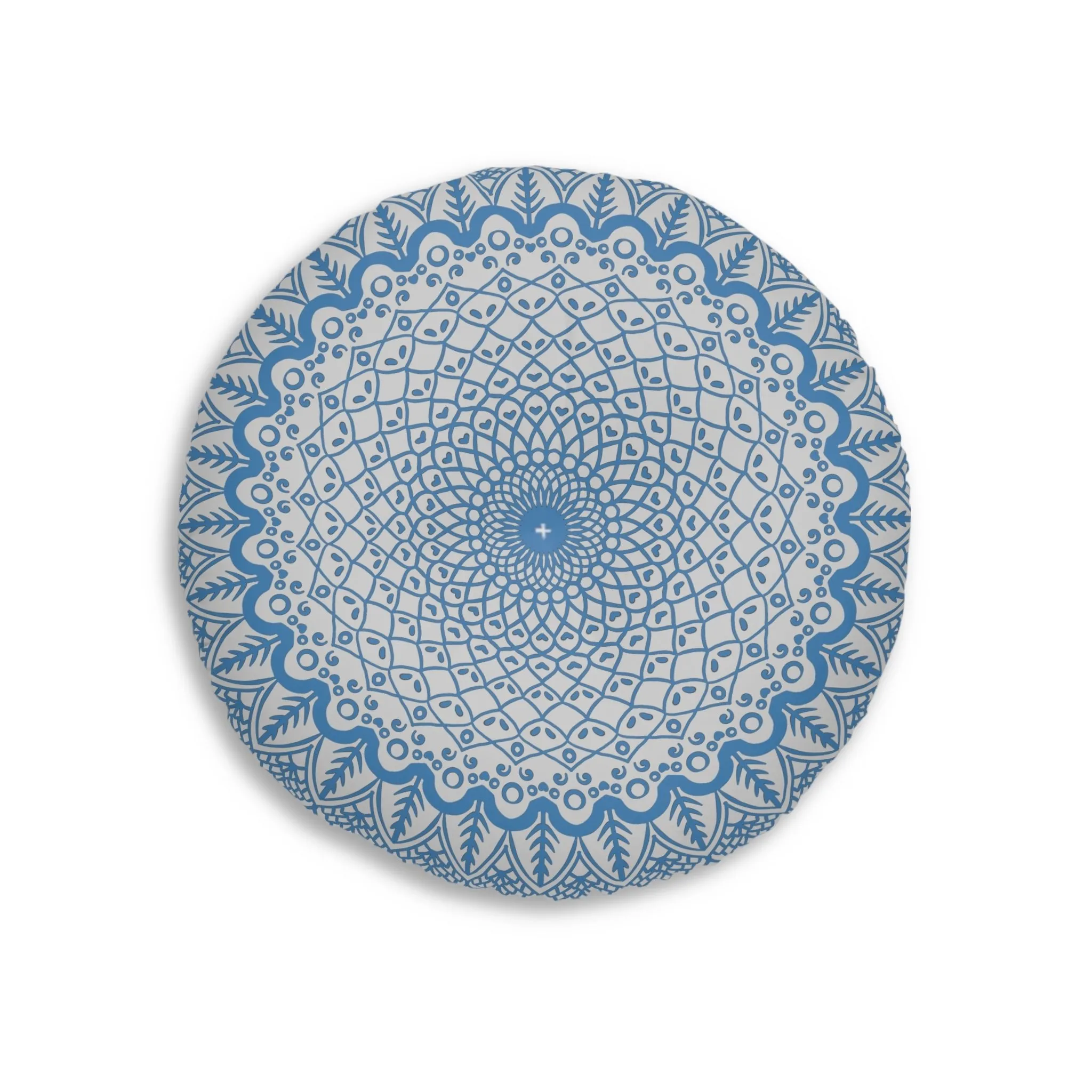 Handmade Mandala Art Floor Cushion - Steel Blue on Light Grey - Tufted