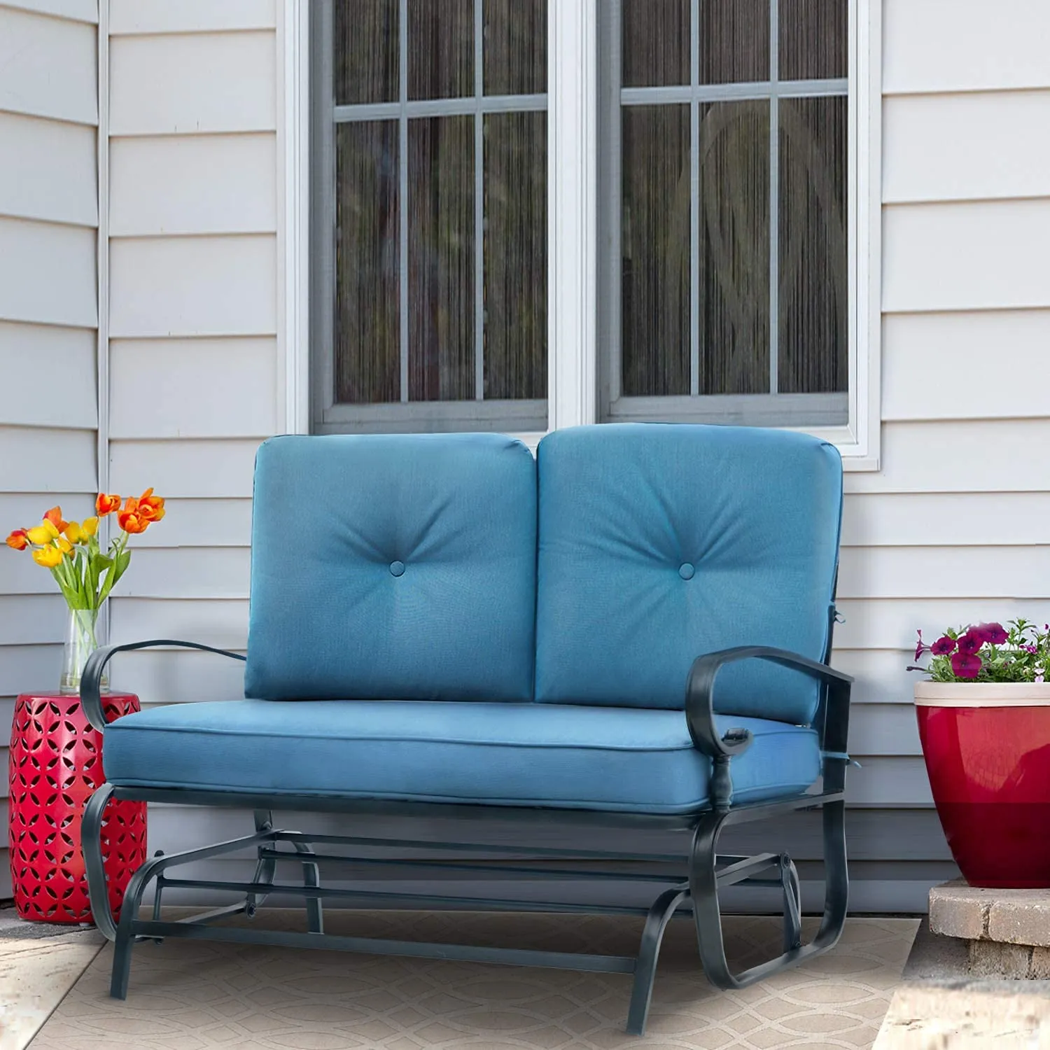 Incbruce Outdoor Rocking Chair with Cushion Glider Bench for 2 Person, Seating Loveseat Steel Frame for Porch, Patio, Garden (Peacock Blue)