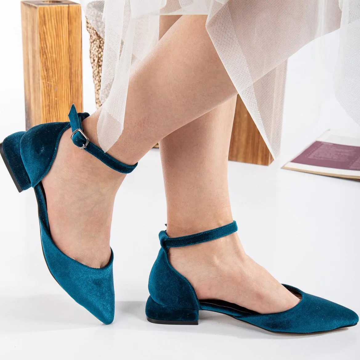 Madeline - Teal Blue Velvet Flats