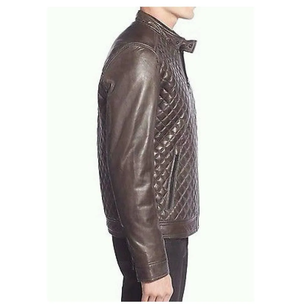 Men Cafe Racer Diamond Bomber Leather Jacket