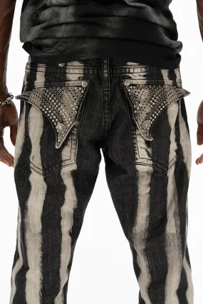 MENS LONG FLAP PRISONER BLACK WASH JEANS WITH EMBELLISHMENT