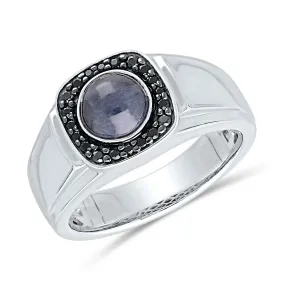 MEN'S WHITE GOLD FASHION RING WITH OVAL SHAPED CABOCHON SAPPHIRE AND BLACK DIAMOND HALO, .19 CT TW